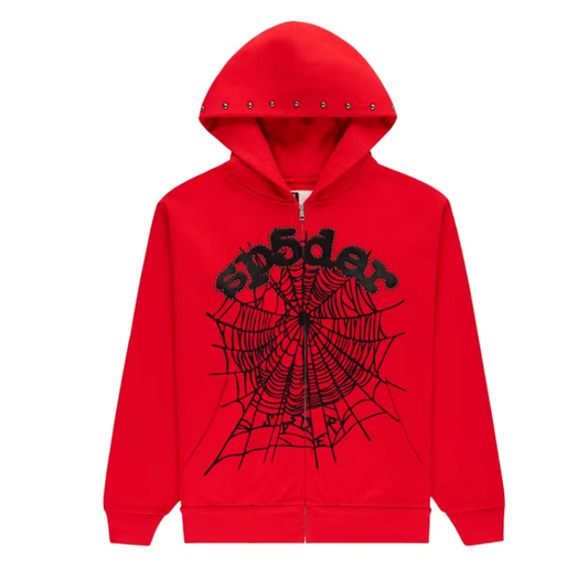 Sp5der OG Web Studded Zip Hoodie Red