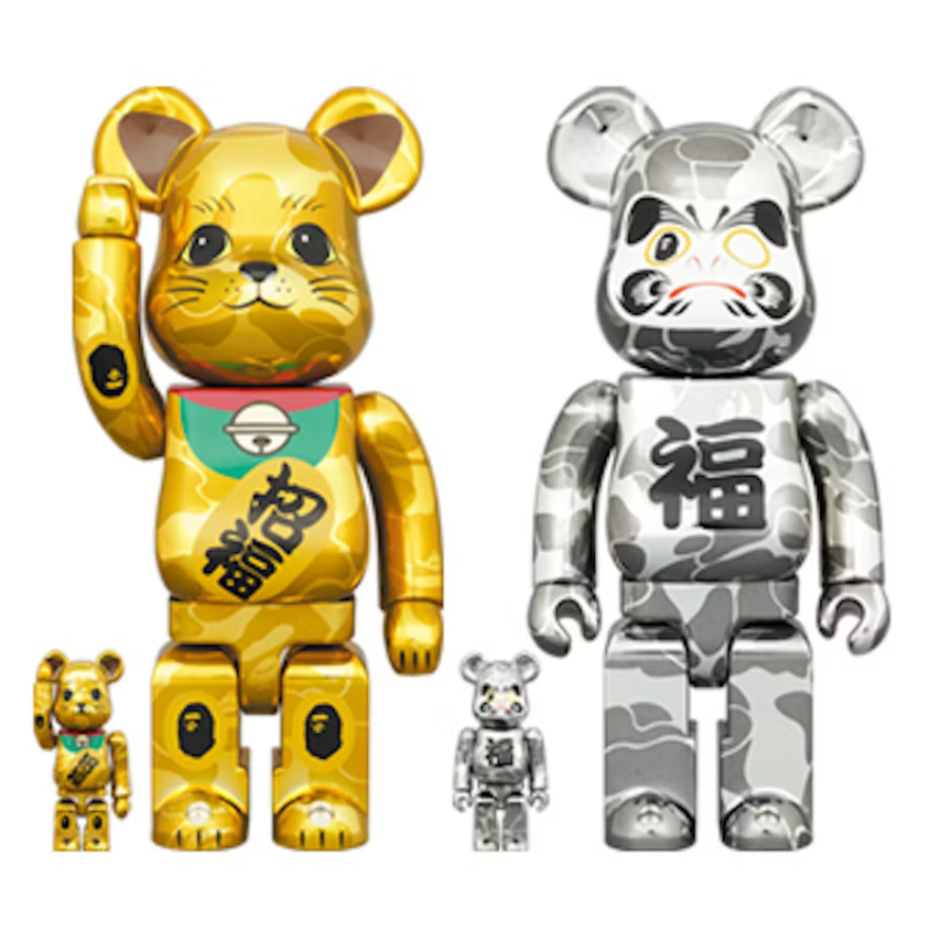 Bearbrick x BAPE Maneki Neko & Daruma 100% & 400% 4-Pc Set Gold & Silver Plated Japan Exclusive
