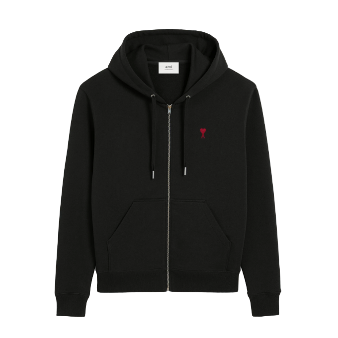 AMI PARIS BLACK COTTON AMI DE COEUR ZIPPED HOODIE
