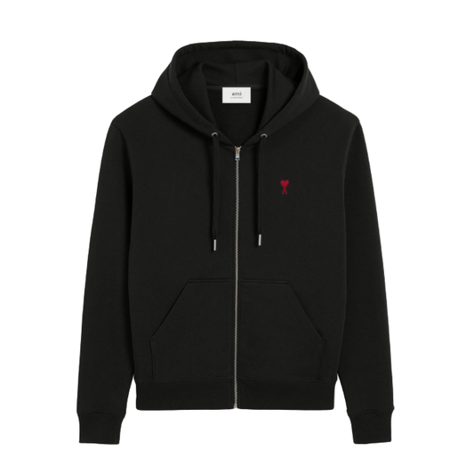 AMI PARIS BLACK COTTON AMI DE COEUR ZIPPED HOODIE