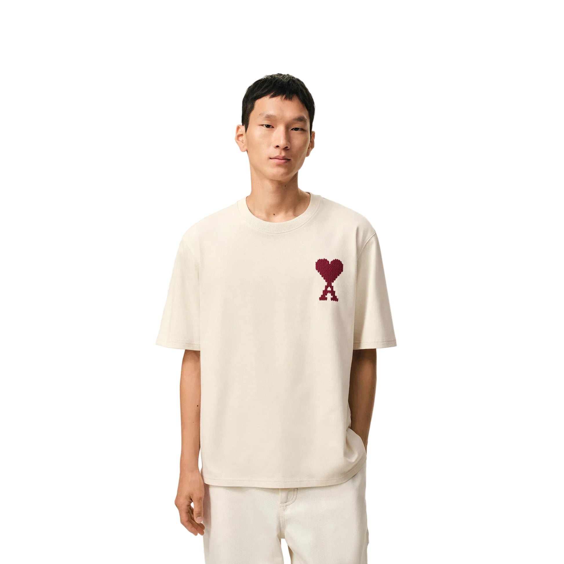 AMI Paris Cotton Zigzag Logo T-Shirt Cream/Red | Ami Paris AMI Paris Cotton Zigzag Logo T-Shirt Cream/Red | Ami Paris