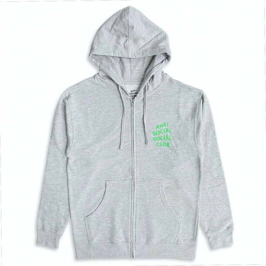 ASSC Mind Games Green Grey Zip Up Hoodie by Anti Social Social Club in Uncategorized. Available at KershKicks for £66.50. A must-have for fans of Anti Social Social Club looking to elevate their style with this Hoodie.