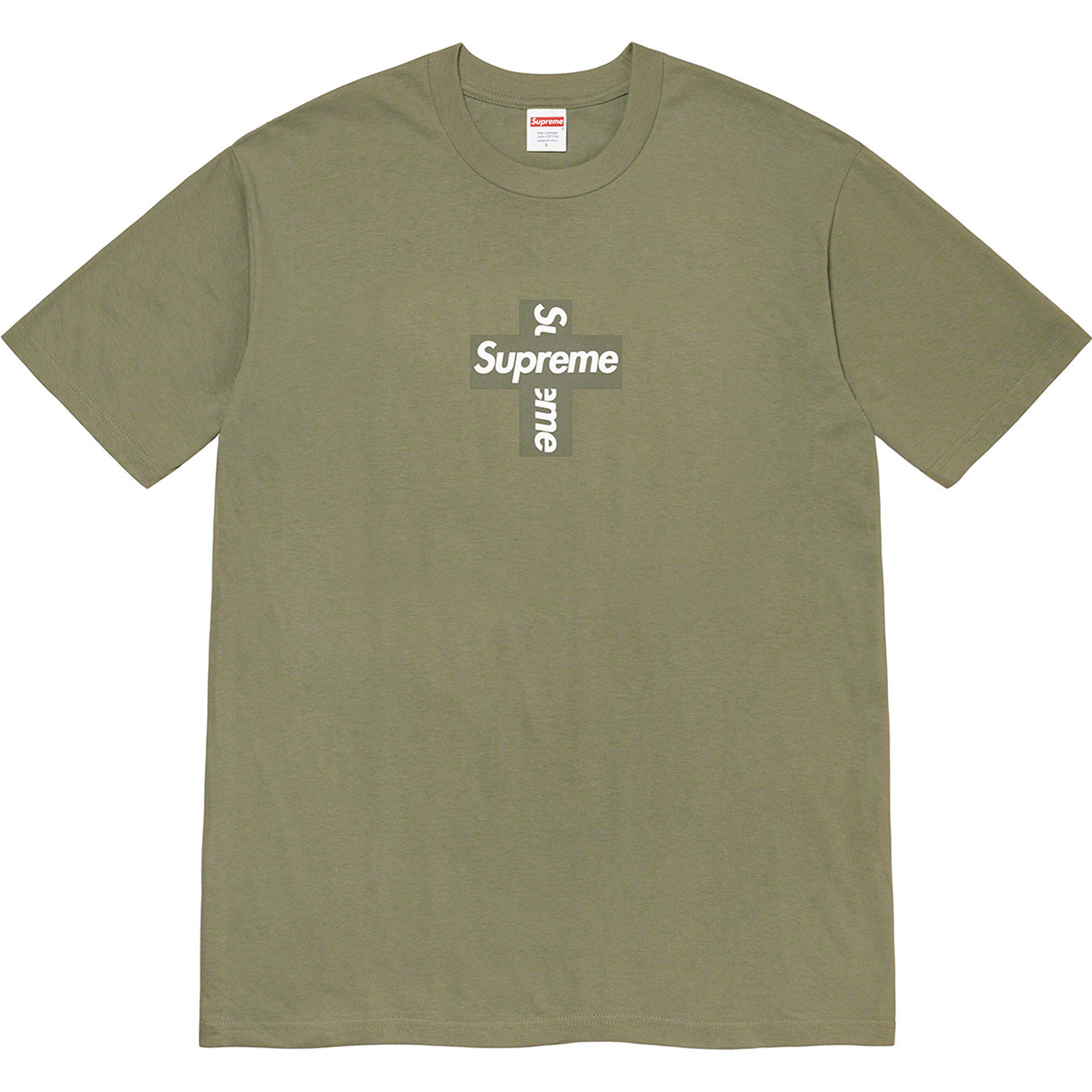 Supreme Cross Box Logo Tee Light Olive by Supreme in Clothing. Available at KershKicks for £175.00. A must-have for fans of Supreme looking to elevate their style with this T-Shirt.