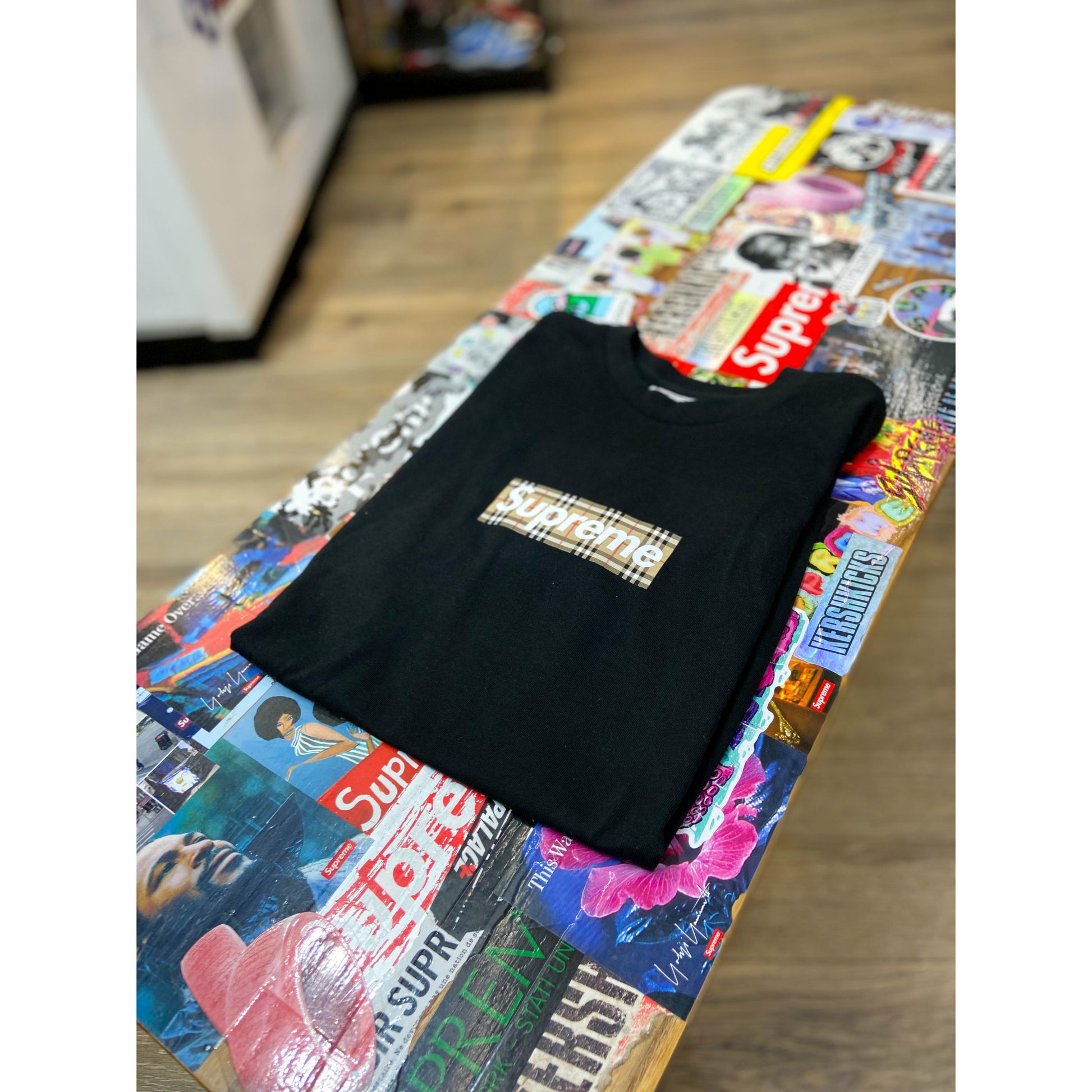 Supreme Burberry Box Logo Tee Black by Supreme in . Available at KershKicks for £415.00. A must-have for fans of Supreme looking to elevate their style with this T-Shirt.