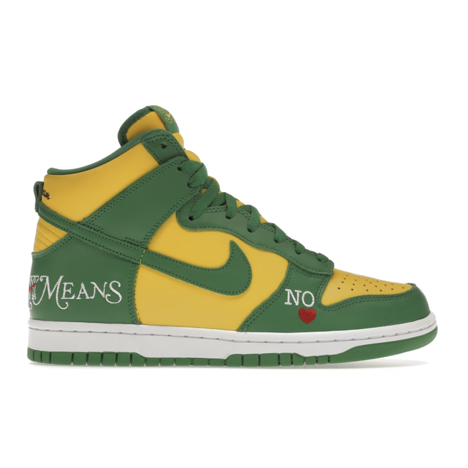 Nike SB Dunk High Supreme By Any Means Brazil by Supreme in Shoes. Available at KershKicks for £225.00. A must-have for fans of Supreme looking to elevate their style with this Shoes.