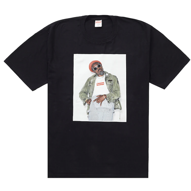 Supreme André 3000 Tee Black by Supreme in . Available at KershKicks for £95.00. A must-have for fans of Supreme looking to elevate their style with this T-Shirt.