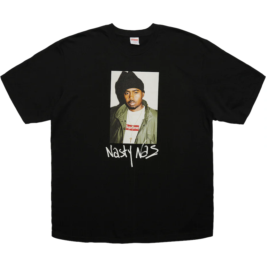 Supreme Nas Tee Black by Supreme in . Available at KershKicks for £300.00. A must-have for fans of Supreme looking to elevate their style with this T-Shirt.