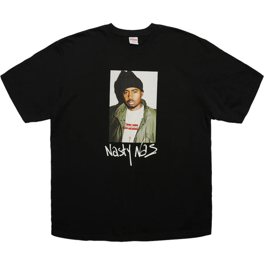Supreme Nas Tee Black by Supreme in . Available at KershKicks for £300.00. A must-have for fans of Supreme looking to elevate their style with this T-Shirt.