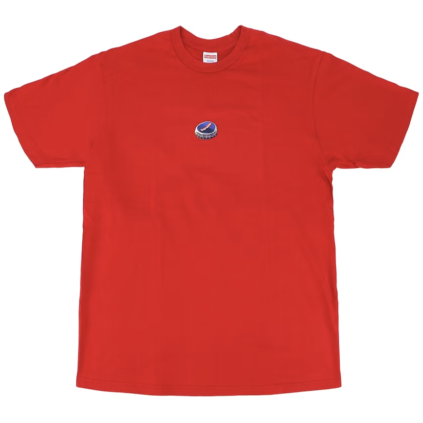 Supreme Bottle Cap Tee Red by Supreme in . Available at KershKicks for £70.00. A must-have for fans of Supreme looking to elevate their style with this T-Shirt.
