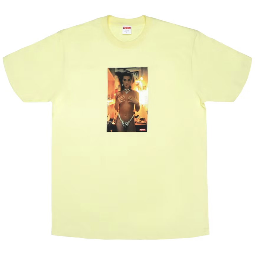 Supreme Nan Goldin Kim in Rhinestone Tee Pale Yellow by Supreme in . Available at KershKicks for £70.00. A must-have for fans of Supreme looking to elevate their style with this T-Shirt.