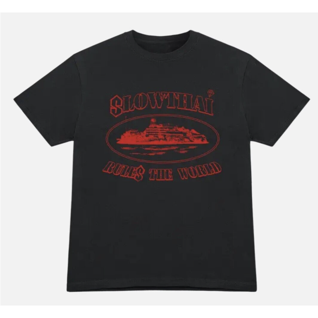 Slowthai x Corteiz Rules The World Tee Black by Corteiz in . Available at KershKicks for £85.00. A must-have for fans of Corteiz looking to elevate their style with this T-Shirt.