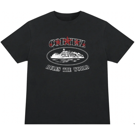Corteiz Rules the World Stars Black Tee by Corteiz in Clothing. Available at KershKicks for £76.99. A must-have for fans of Corteiz looking to elevate their style with this T-Shirt.