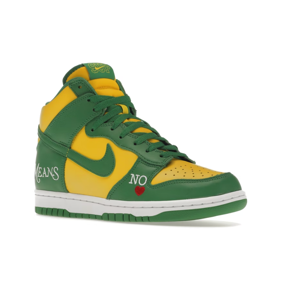 Nike SB Dunk High Supreme By Any Means Brazil by Supreme in Shoes. Available at KershKicks for £225.00. A must-have for fans of Supreme looking to elevate their style with this Shoes.
