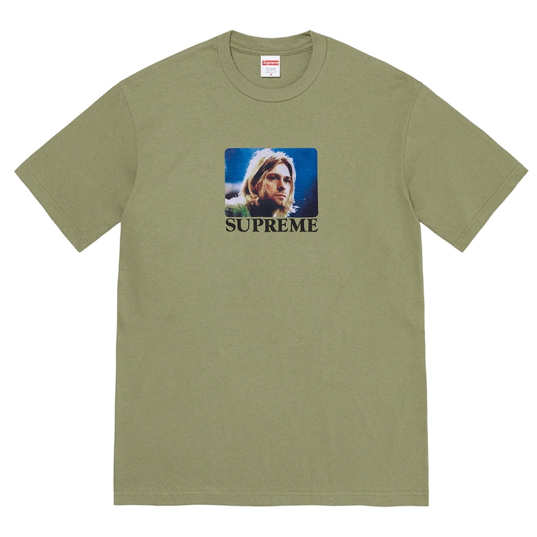 Supreme Kurt Cobain Tee Light Olive by Supreme in Clothing. Available at KershKicks for £85.00. A must-have for fans of Supreme looking to elevate their style with this T-Shirt.