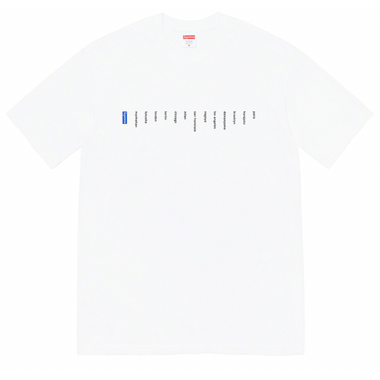 Supreme Location Tee White by Supreme in Clothing. Available at KershKicks for £75.00. A must-have for fans of Supreme looking to elevate their style with this T-Shirt.