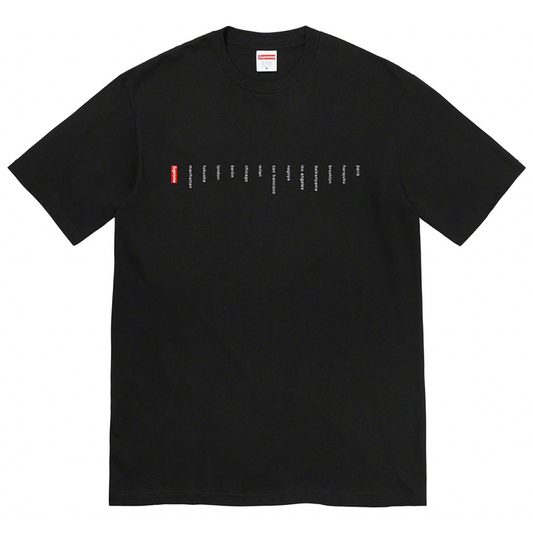 Supreme Location Tee Black by Supreme in Clothing. Available at KershKicks for £75.00. A must-have for fans of Supreme looking to elevate their style with this T-Shirt.