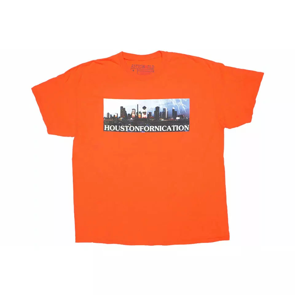 Travis Scott Astroworld Houston Exclusive T-Shirt Orange by Travis Scott in . Available at KershKicks for £110.00. A must-have for fans of Travis Scott looking to elevate their style with this T-Shirt.