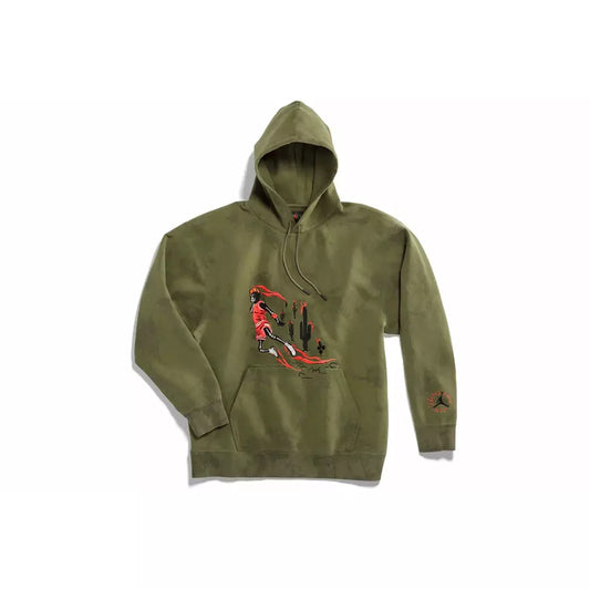 Travis Scott Jordan Washed Suede Hoodie Olive by Travis Scott in . Available at KershKicks for £350.00. A must-have for fans of Travis Scott looking to elevate their style with this Hoodie.
