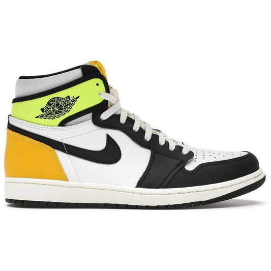 Jordan 1 Retro High White Black Volt University Gold by Jordan's in Shoes. Available at KershKicks for £225.00. A must-have for fans of Jordan's looking to elevate their style with this Shoes.