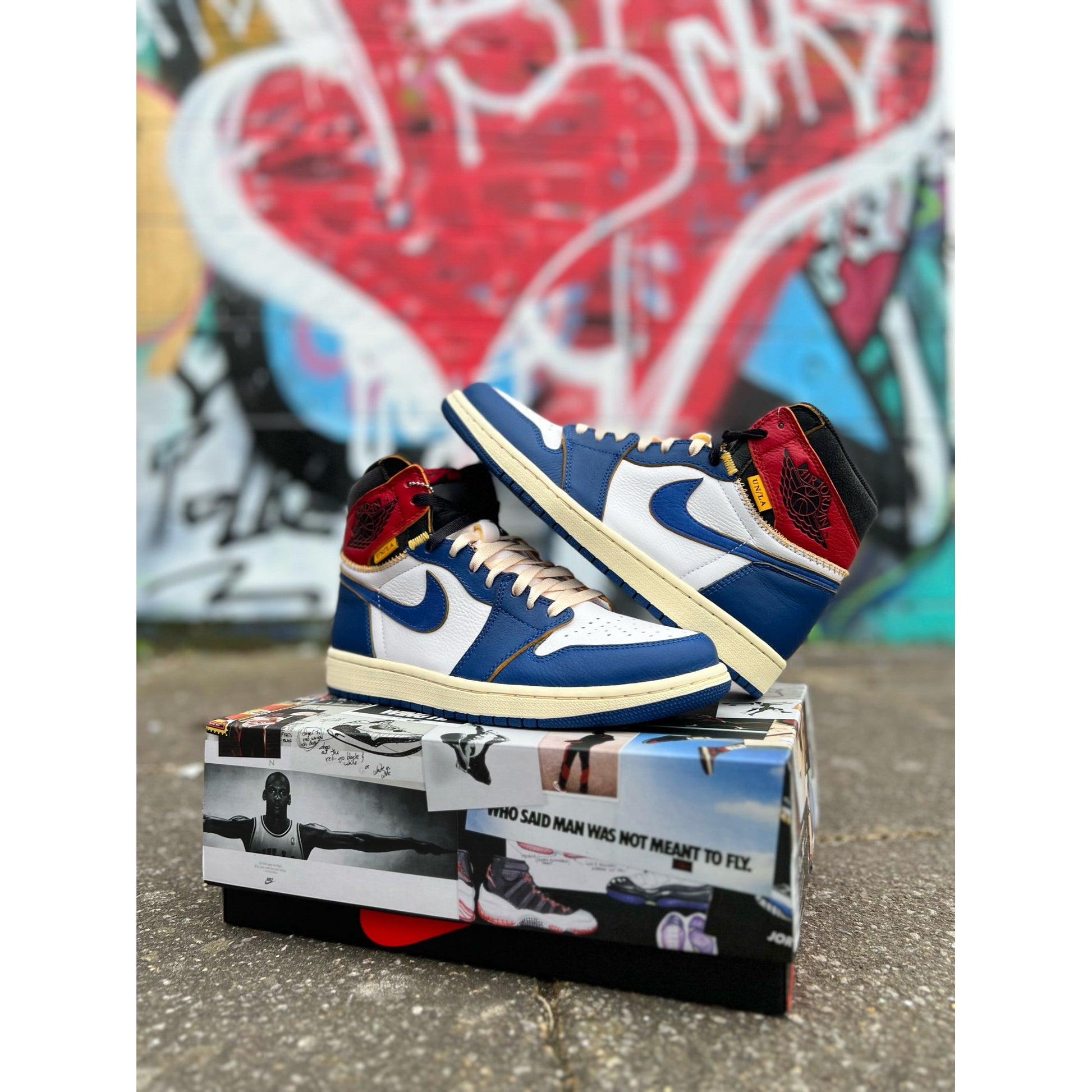 Jordan 1 Retro High Union Los Angeles Blue Toe by Jordan's in Shoes. Available at KershKicks for £1650.00. A must-have for fans of Jordan's looking to elevate their style with this Shoes.
