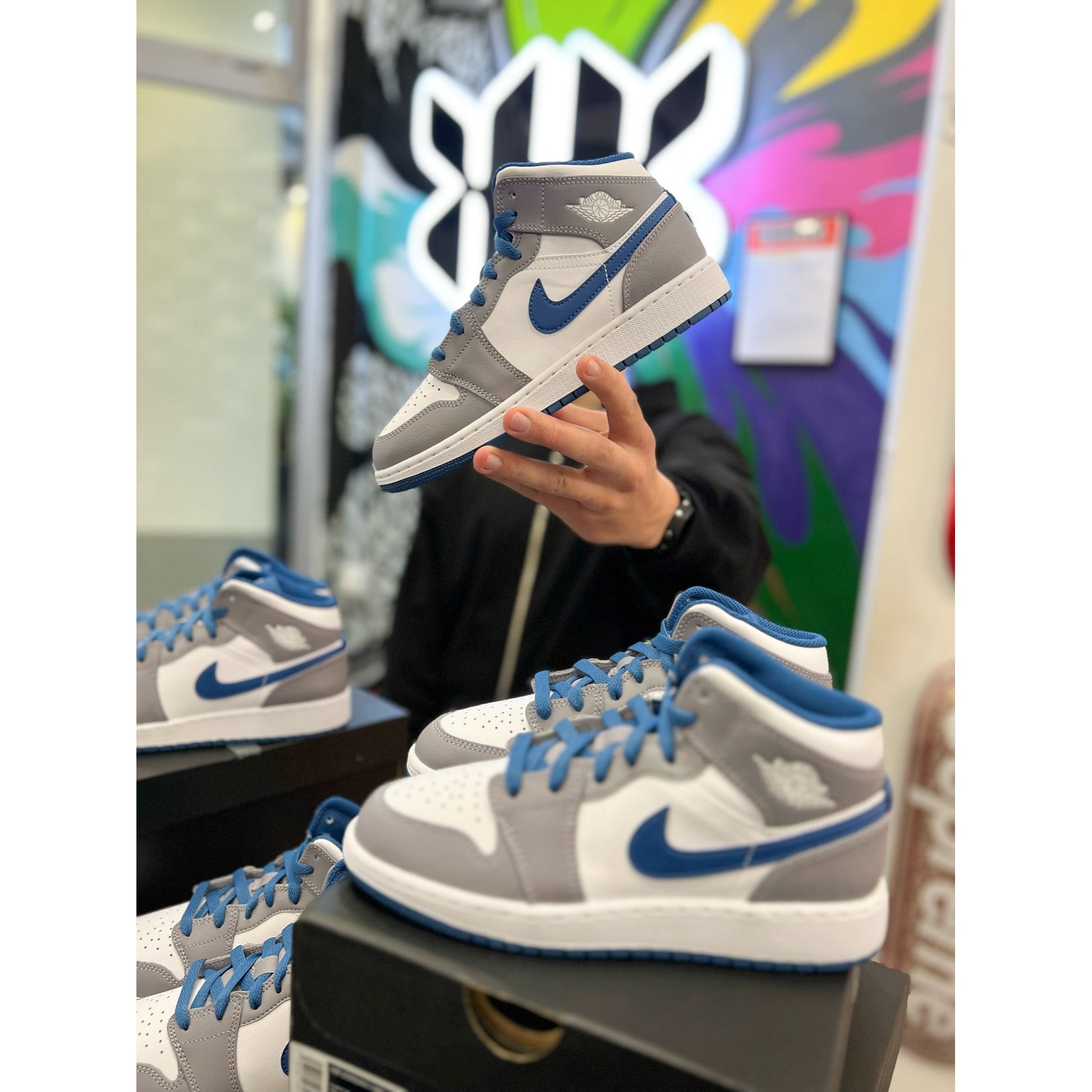 Jordan 1 Mid True Blue Cement (GS) by Jordan's in Shoes. Available at KershKicks for £95.00. A must-have for fans of Jordan's looking to elevate their style with this Shoes.