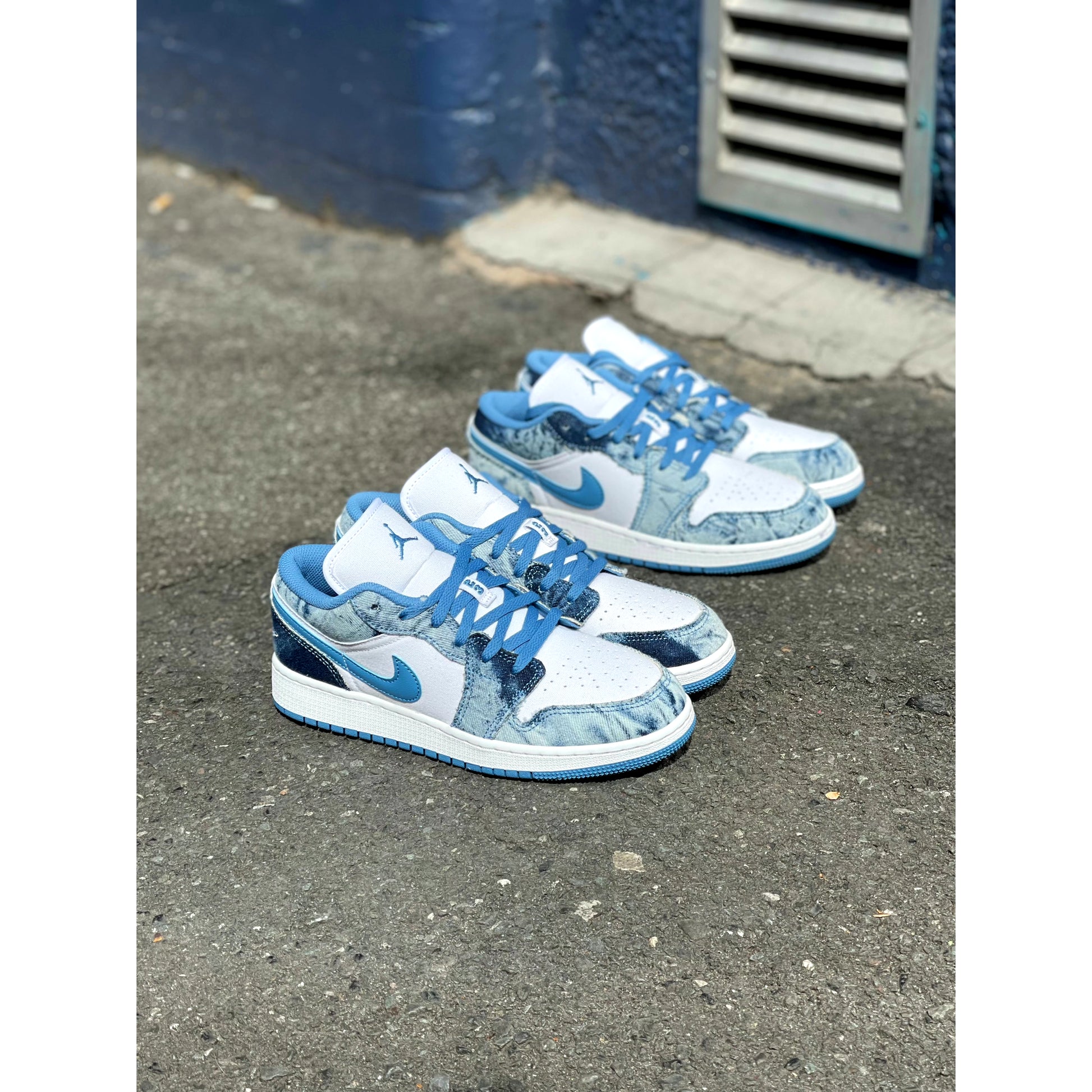 Jordan 1 Low Washed Denim (GS) by Jordan's in Shoes. Available at KershKicks for £125.00. A must-have for fans of Jordan's looking to elevate their style with this Shoes.