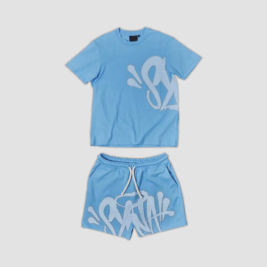SYNA WORLD LOGO T SHIRT & SHORT SET - BLUE by SYNA in Clothing. Available at KershKicks for £225.00. A must-have for fans of SYNA looking to elevate their style with this General.